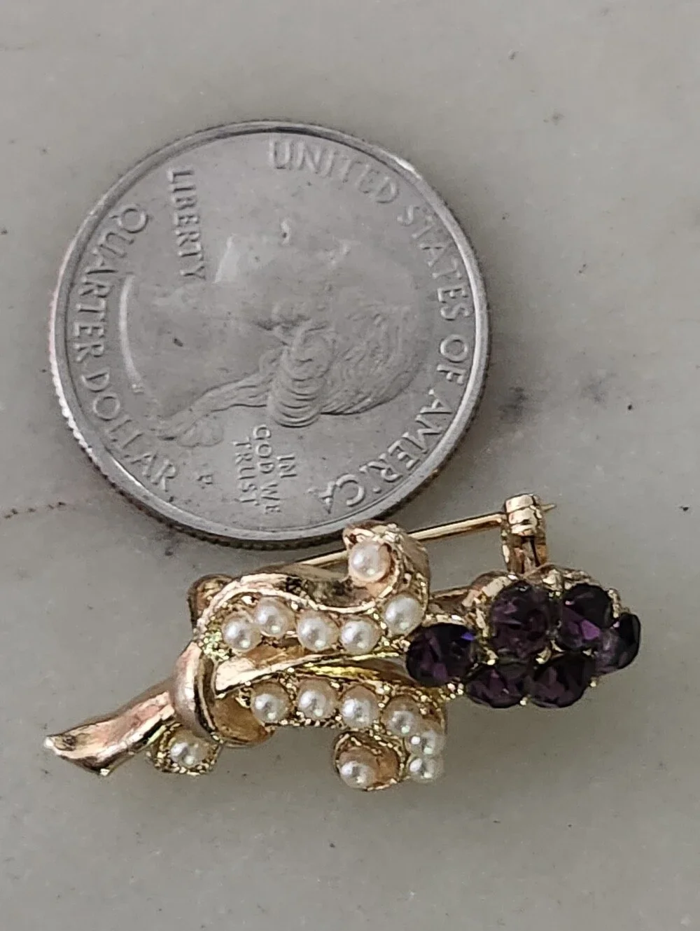 Gold-Tone Faux Seed Pearl & Amethyst Floral Brooch - Vintage